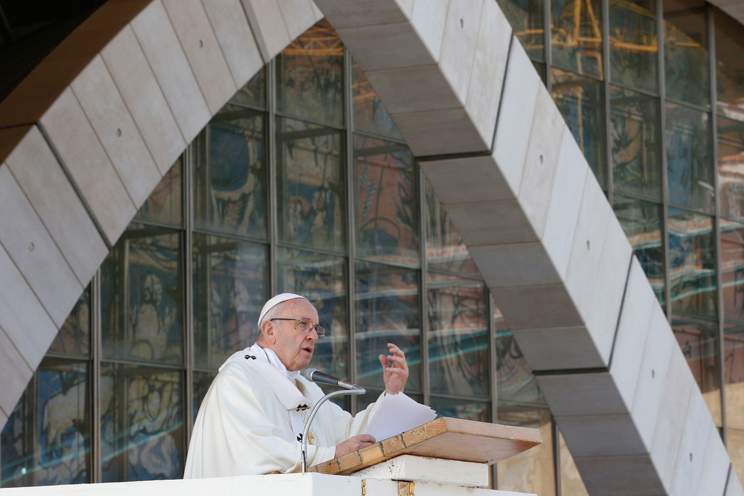 Pope Francis gives the homily as he celebrates Mass at the Shrine of St. Pio of Pietrelcina in San Giovanni Rotondo, Italy, March 17.